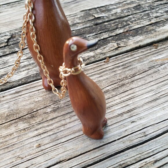 Vtg Mid Century Wood Penguin/duck Trio Linked w/Chain Rhinestone Eyes Hong Kong - Picture 5 of 12